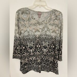 Chico's Ombre Floral Damask V-Neck Long Sleeve Top - Gray and Black